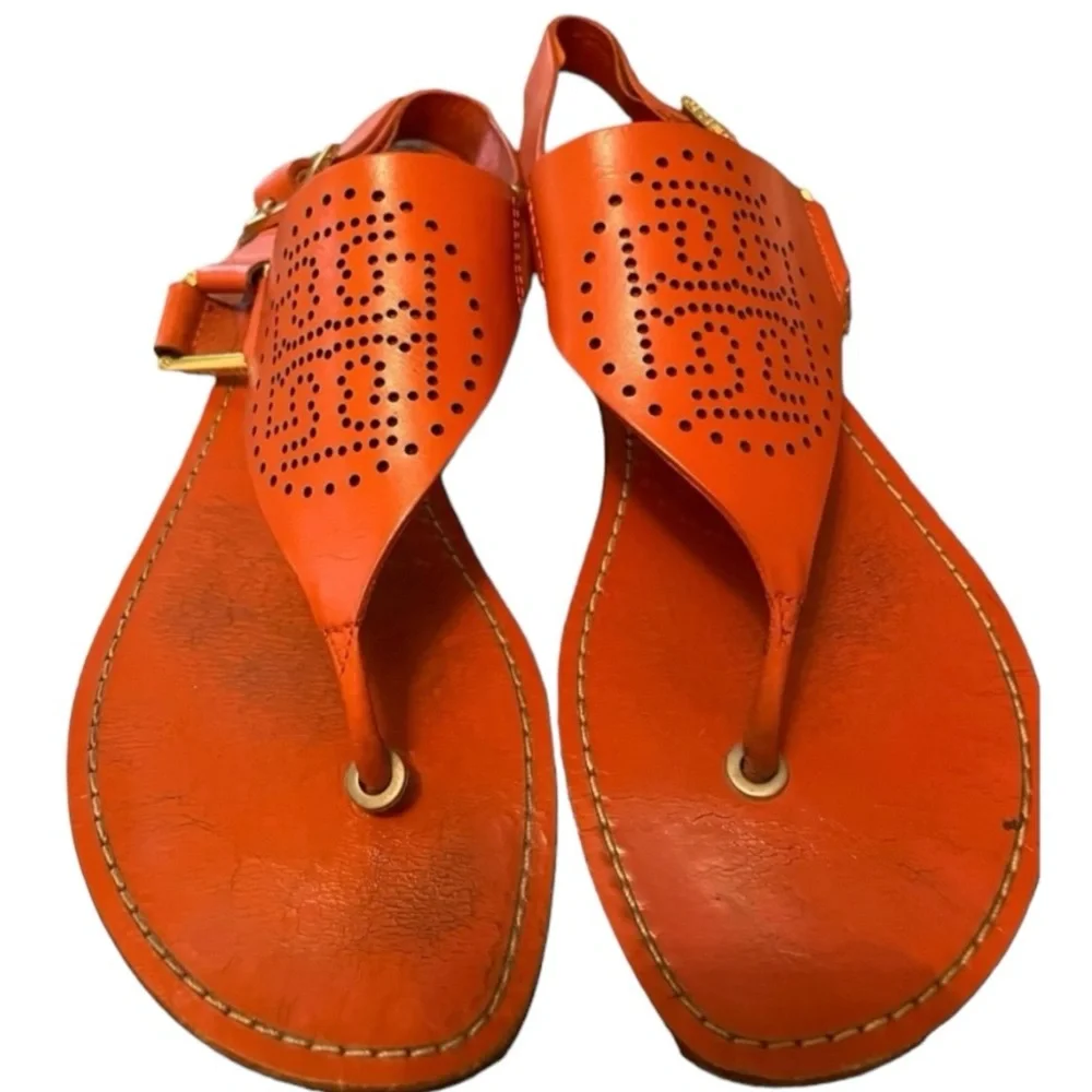 Tory Burch Women Carpi Preferred Logo Leather Thong Sandals Size 8